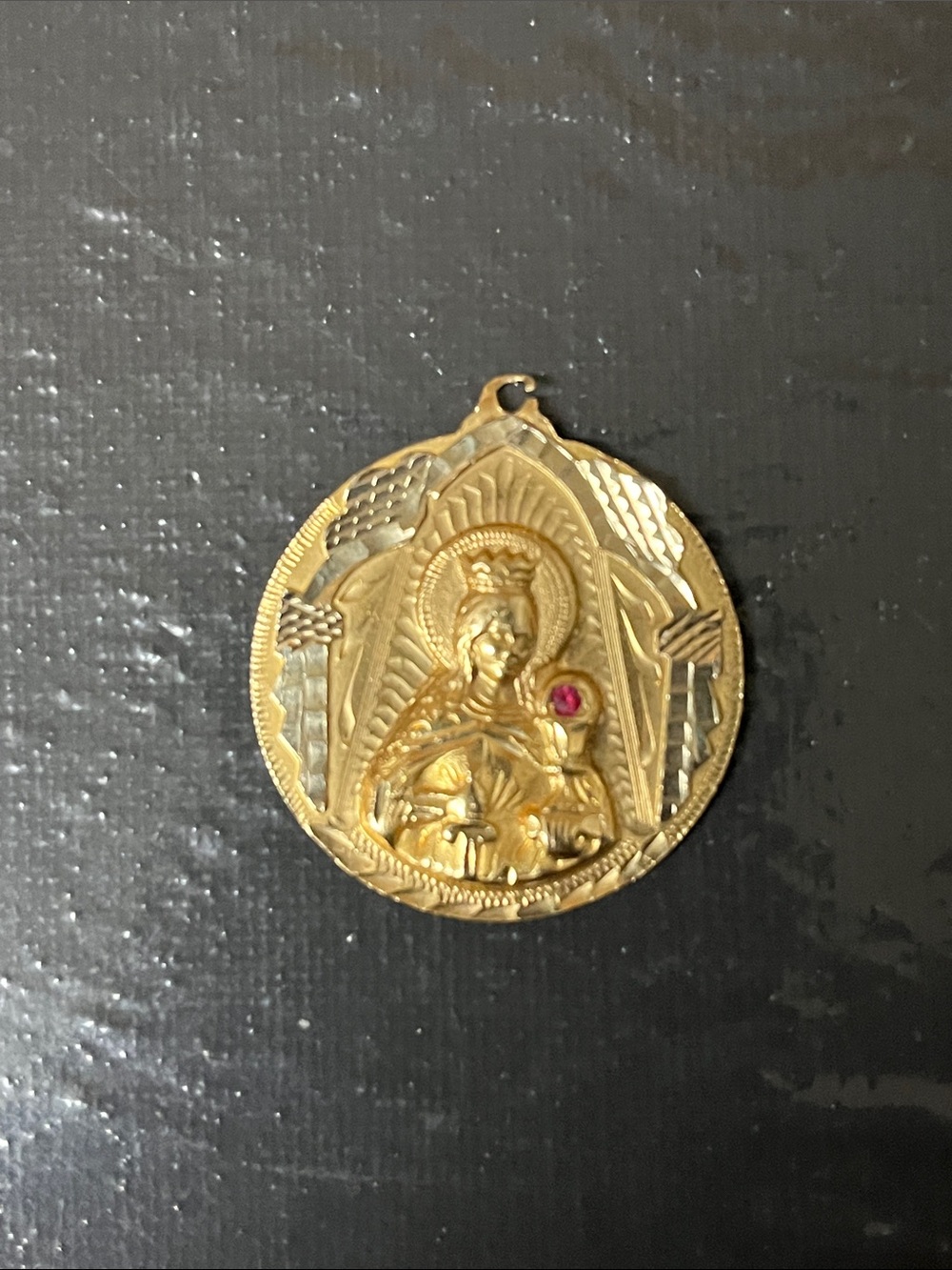 Santa Barbara 14 karat gold Religious Medallion Pendant  Ruby 3.8 penny weights